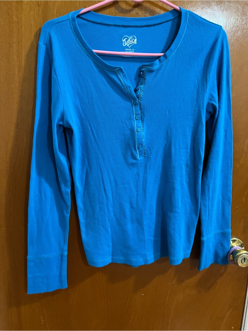 Justice Teal Ribbed Long Sleeve Henley Top